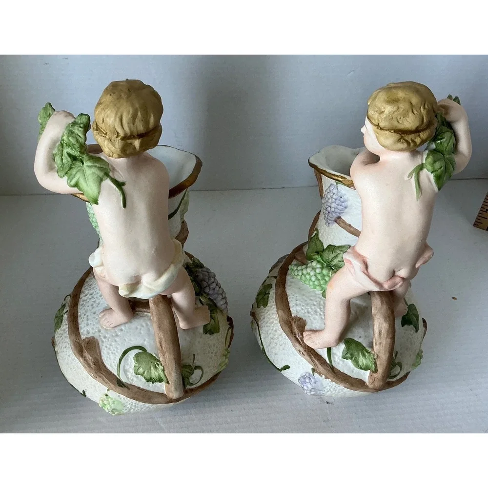 Vintage Cherub Pitcher Set Grape Vine‎ Ceramic Vases Cream 7in Classic